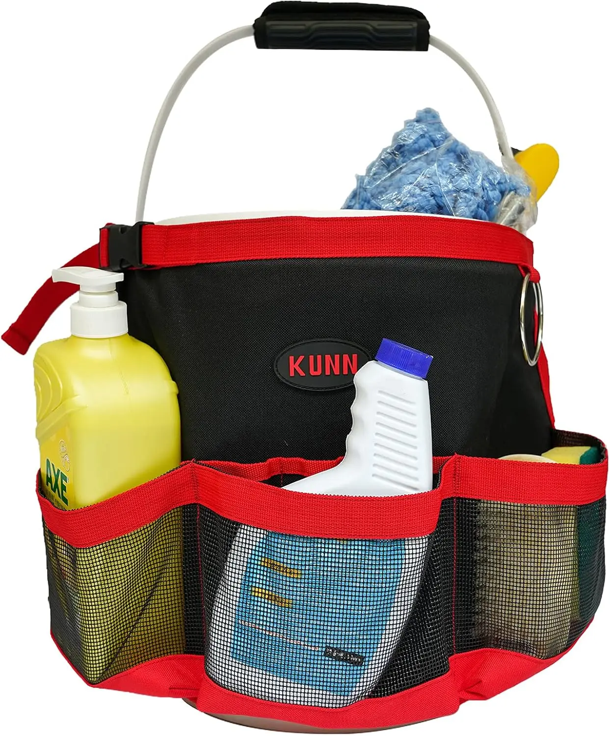 KUNN 5-Gal Car Wash Bucket Tool Organizer with Towel Holder Ring, Water-Resistant Mesh Pockets & Soap Pockets for Cleaning Supplies (Red)