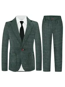 Boys Plaid 3-Piece Suit Set, Clothes Set, Blazer + Elastic Waist Pants + Tie, British Retro Style Formal Outfit for Toddlers to Teens, Gentleman Costume for Wedding Flower Boy, Birthday Party, Graduation & Special Occasions, Shirt Not Included