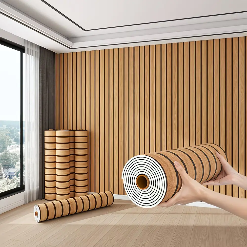 Thick Large Roll, Peel and Stick PVC Slat Wall Panel – Self-Adhesive 3D Wood Grain Wall Sticker, Easy to Install for Living Room, Bedroom, Office, Perfect for Walls and Ceilings, Wall Decor Renovation – Size: 1 Roll (15.75 in × 118.11 in)