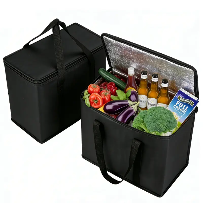 1 Pc Insulated Shopping Bags For Groceries，Black Collapsible Cooler，Insulated Reusable Grocery Shopping Bag，Food Delivery, Cooler Bag, Heavy Duty, Large Size, Durable Handles, Dual Tab Zips, Lid, Stands Upright, Collapsible, Sustainable