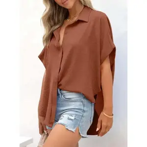 White Women's Tops Dressy Casual V Neck Button Down Shirts Solid Short Sleeve Blouses Oversized Fit Batwing Collared Baggy Minimalist Style