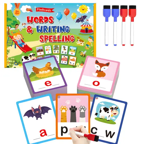100 PCS Reusable CVC Sight Words Flash Cards - Phonics Spelling Writing Game, Vocabulary Flashcards for Preschool Learning, Classroom & Quiet At-Home Activities, Alphabet Back-to-School Birthday Gift