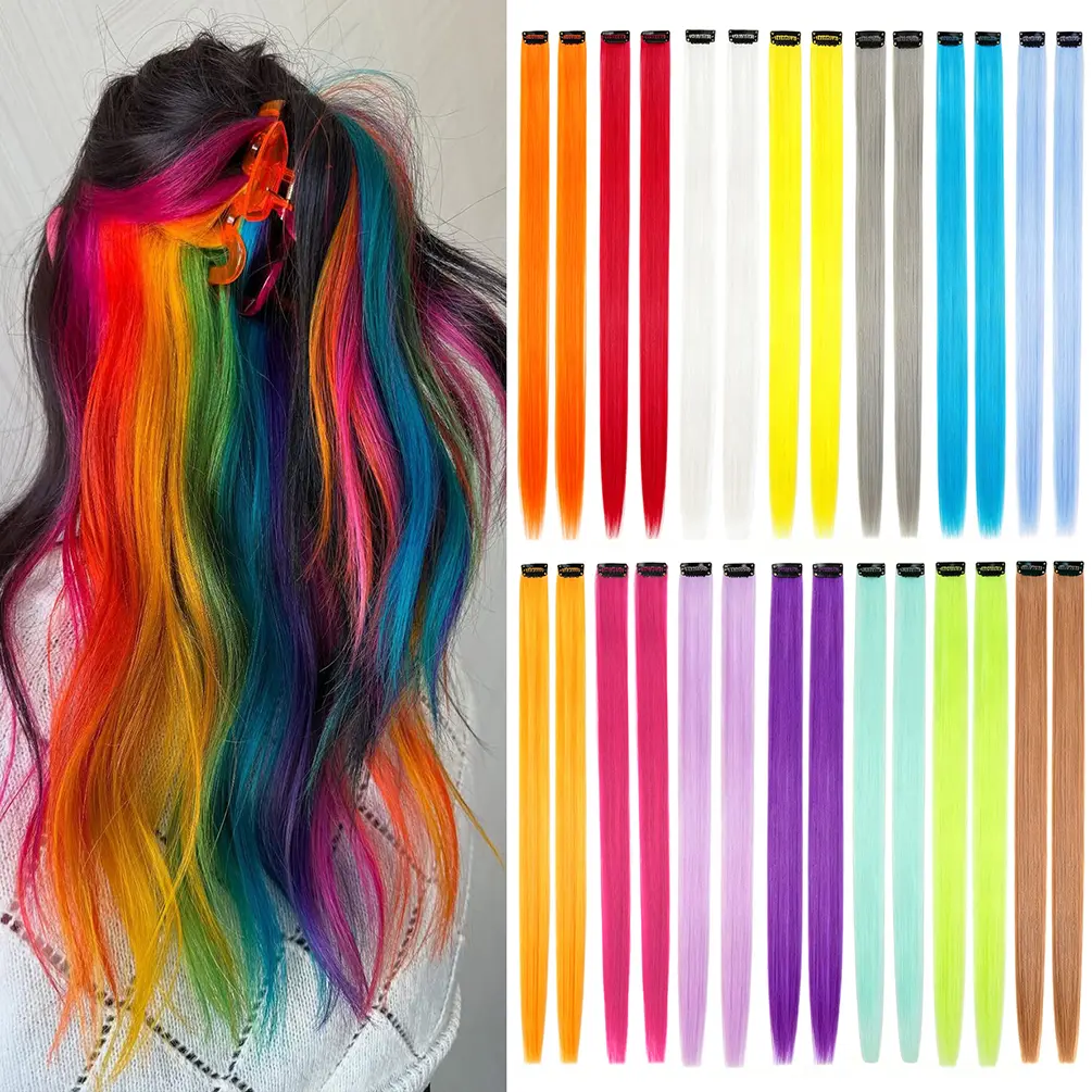 28 Pcs Colored Clip in Hair Extensions for Girls, Multi-Colors Rainbow Hairpieces Instant Highlights, Synthetic Heat Resistant Straight Hair Pieces for Party Cosplay Crazy Hair Day (20 Inch)
