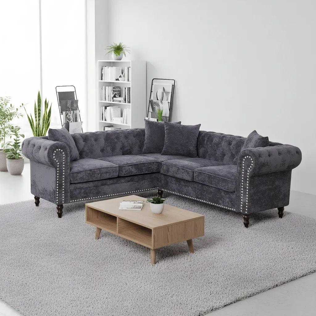 5.2ft Modern Luxury L-Shaped Sectional Sofa - Premium Velvet 5-Seater with Tufted Diamond Backrest & Chrome/Gold Accent Arms | Plush Deep-Seat Cloud Cushions, Space-Saving Compact Design for Apartments (Tool-Free 30-Min Assembly) Gray Leather Sofa