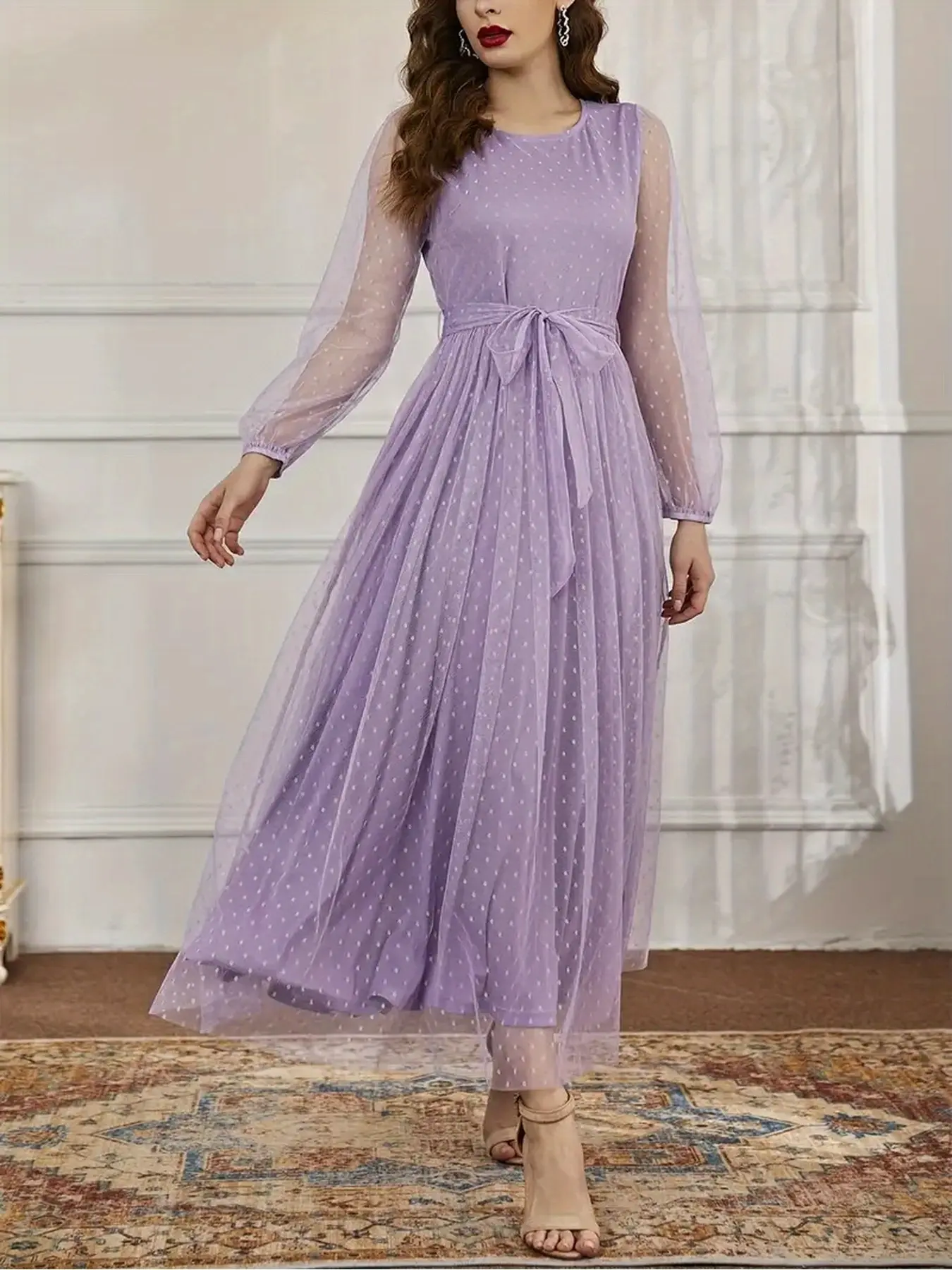 Mesh Maxi Dress for Women, Long Sleeve, Sheer, Lightweight, Fairy & Soft Vibe, Polka Dot Print, Flowy Skirt, Elegant Loose-Fitting Formal Evening Dress, Perfect for Wedding, Prom, Brunch