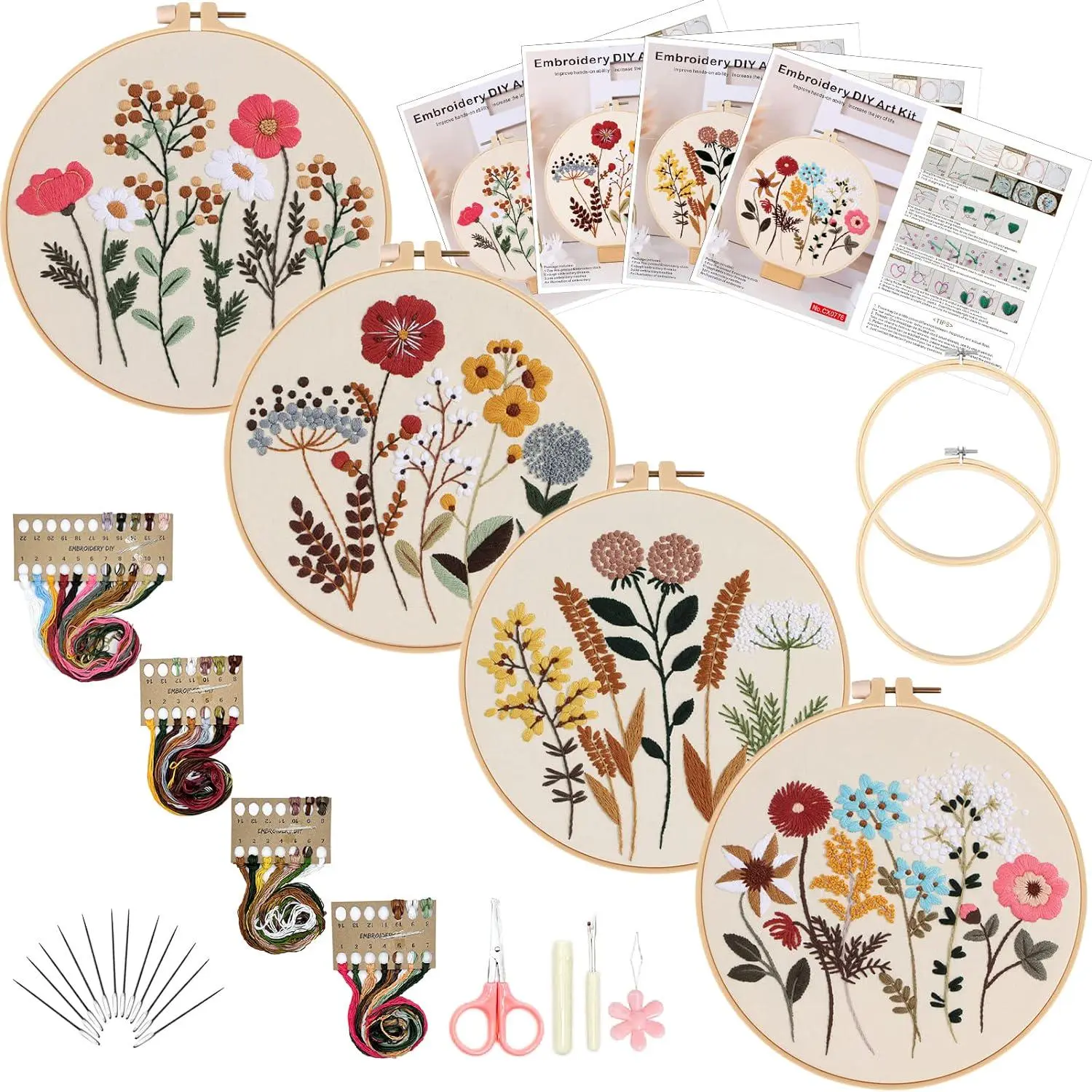 4 Pack Embroidery Starter Kit for Beginners, Full Range of Embroidery Supplies with Stamped Fabric, Embroidery Hoops, Threads, Tools & Instructions, DIY Floral Embroidery Kit for Adults, Craft Lovers