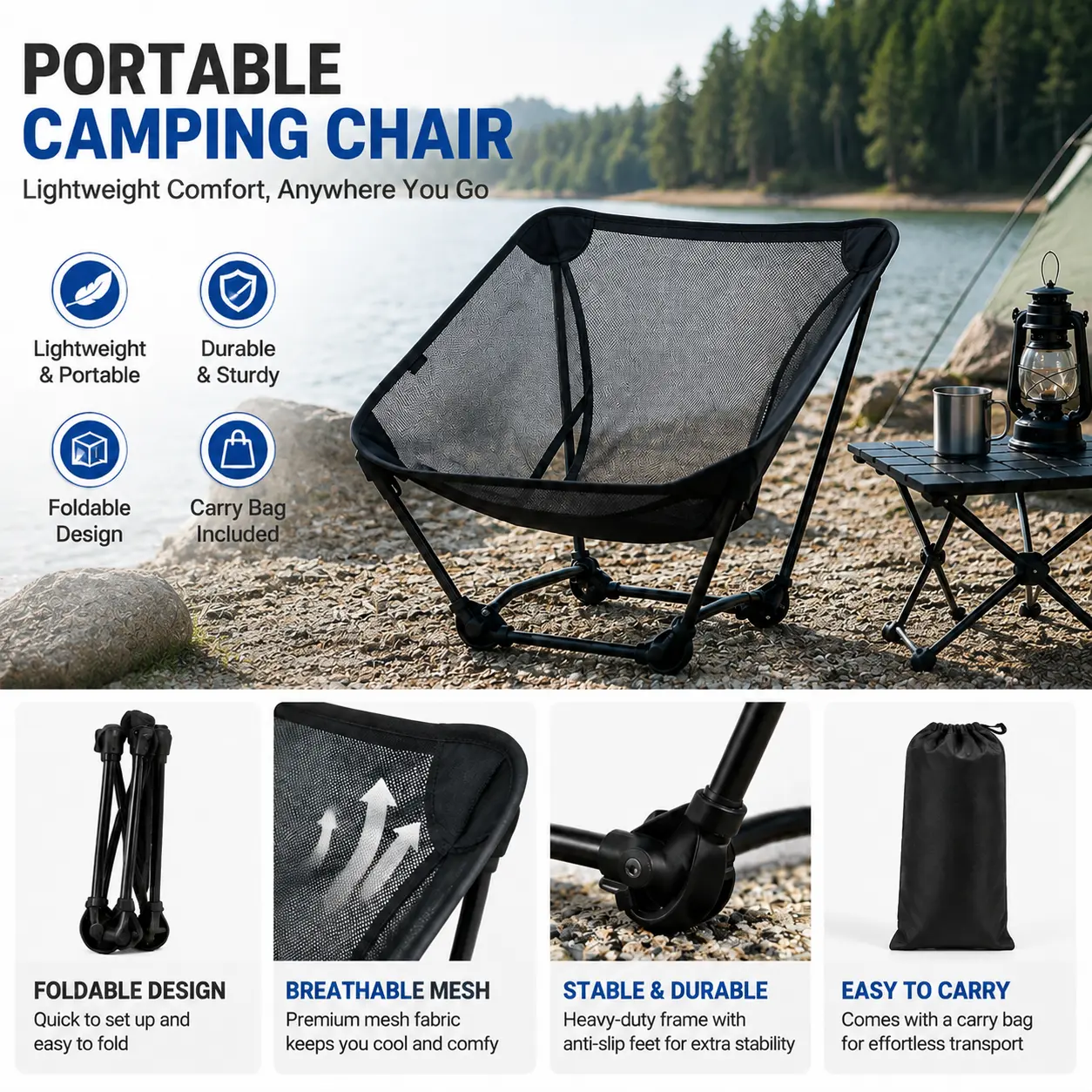 Folding Camping Chair Portable Moon Chair, Lightweight Mesh Seat with Aluminum Frame 330lbs Capacity for Hiking Camping Picnic Outdoor Travel comfortable choice