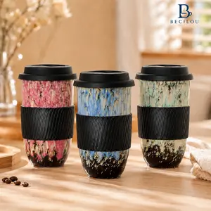BECILOU Ceramic Travel Mug, Leakproof Portable Coffee Cup with Sleeve & Lid, Microwave & Dishwasher Safe for Commute & Office