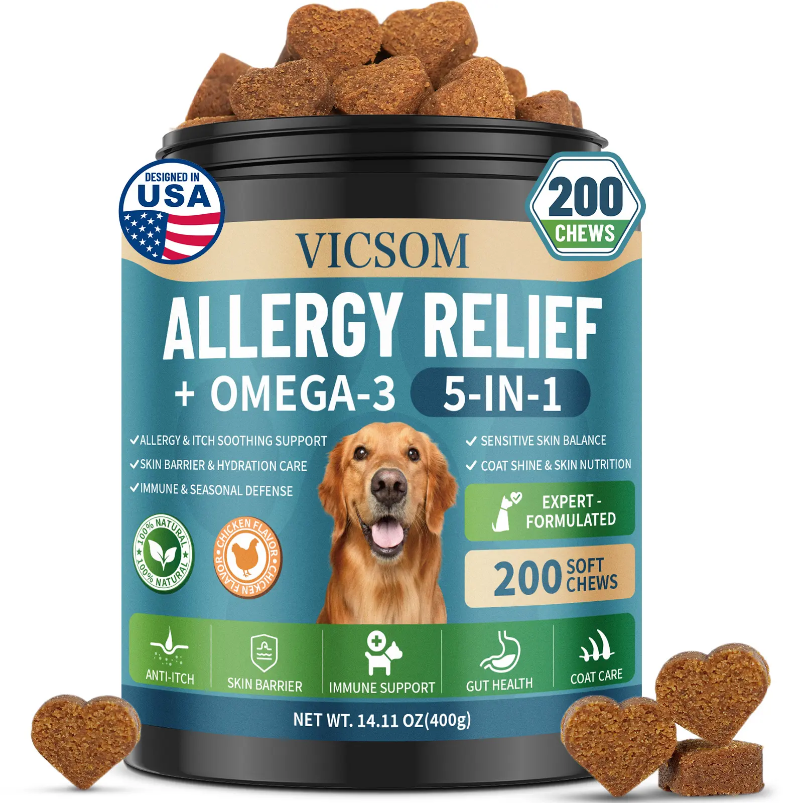 VICSOM Dog Allergy Relief Chews - 200 Soft Chews with Human-Grade Omega 3 & Probiotics | Anti-Itch Support for Itchy Skin, Paw Licking & Ear Irritation | Supports Gut, Immune & Coat Health