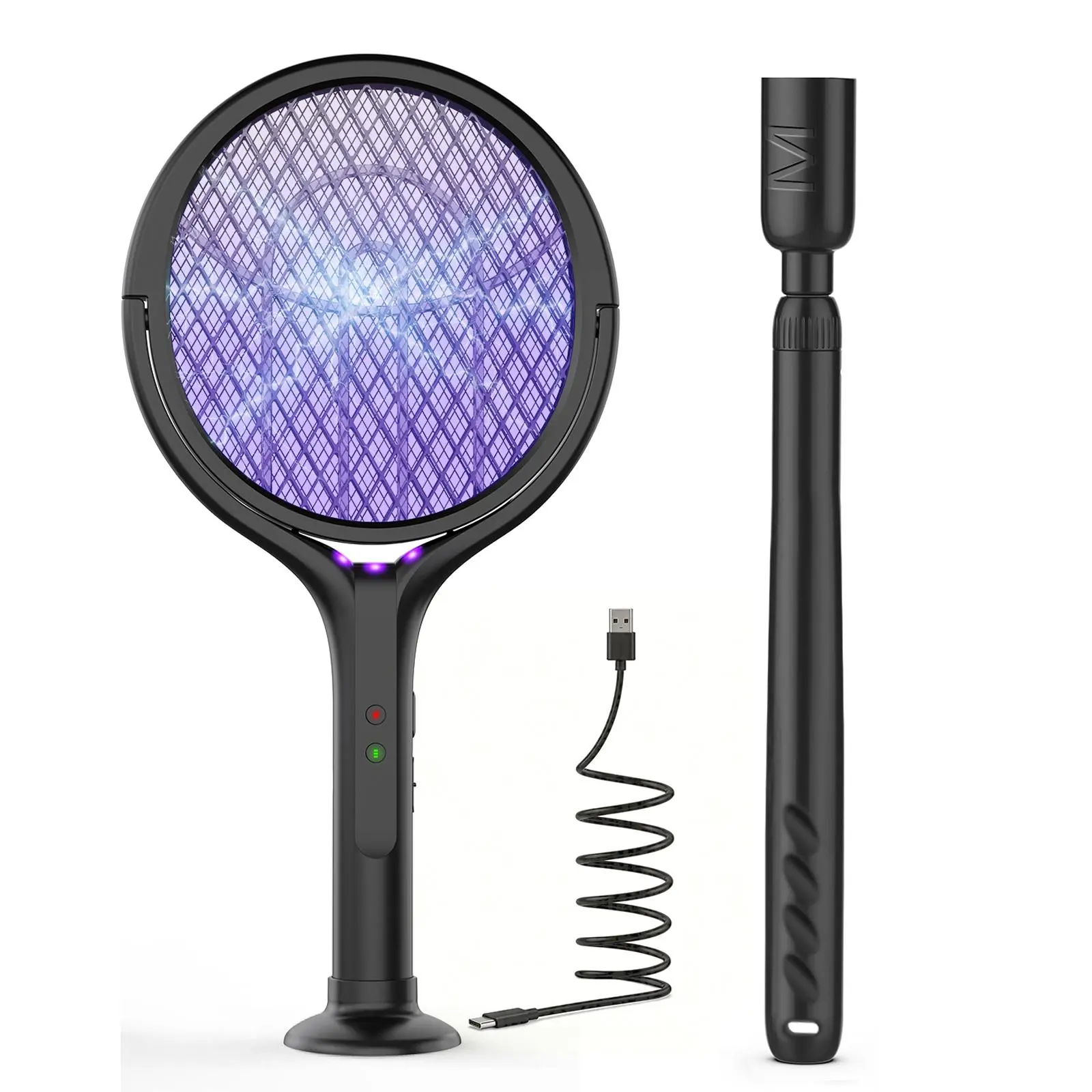 4000V Electric Fly Swatter with Base, 1800mAh Smart Bug Zapper with 17–27.4in Extension Rod, Powerful Mosquitoes Trap Lamp & Fly Killer with 3-Layer Safety Mesh for Home, Bedroom, Kitchen, Patio