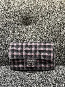 Pre-owned CHANEL Wool Plaid Quilted Mini Rectangular Flap Pink Grey Multicolor