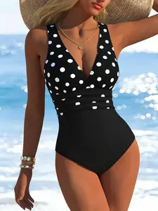 New Women's Fashion One-Piece V Neck Sleeveless Swimsuit, Slim Fit Bodycon, Dot Print, Perfect for Hot Springs and Swimming
