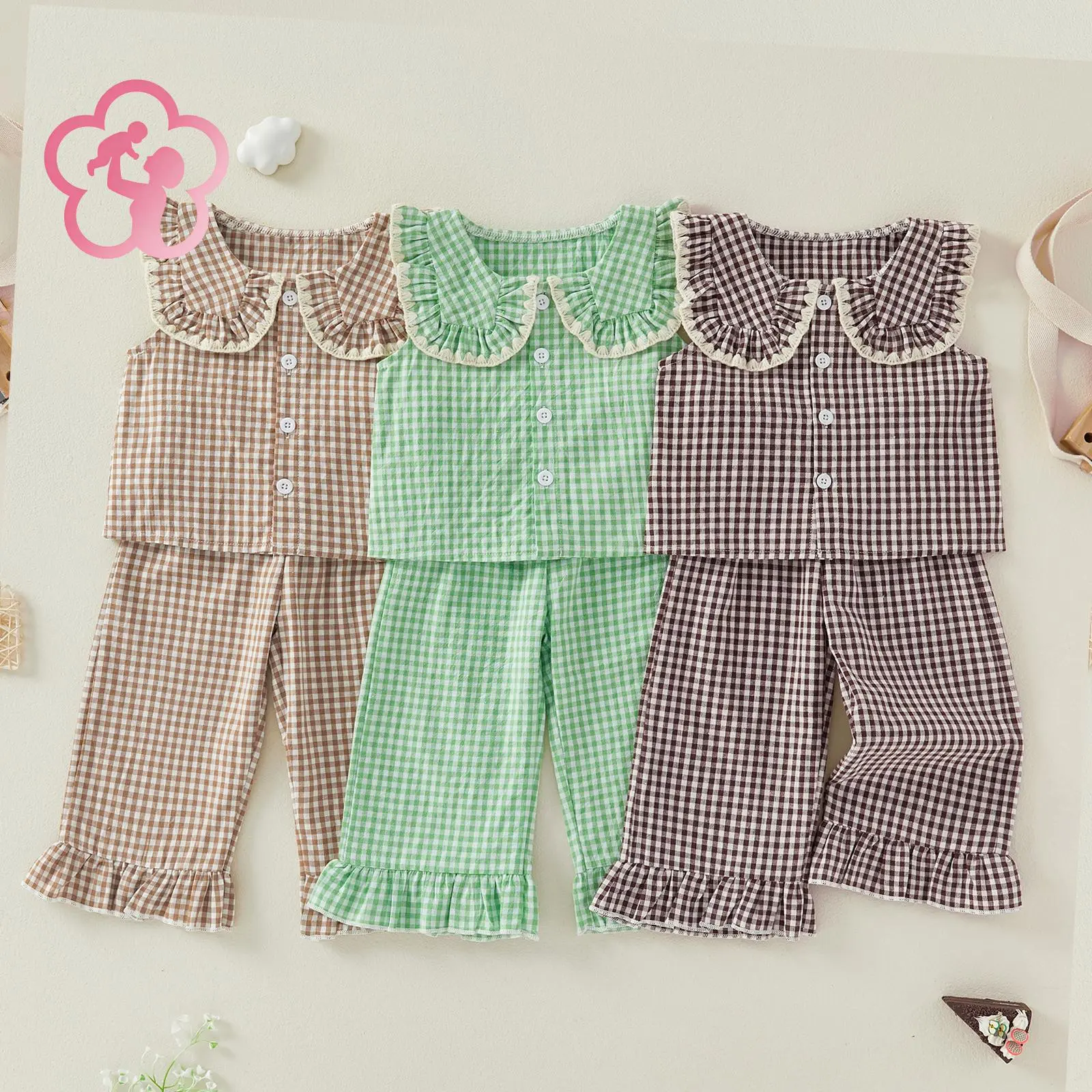 (90% Cotton) GCB Toddler Kid Girls Summer Clothes Children Outfit Sets Plaid Frill Trim Sleeveless Ruffle Tank Tops Elastic Waist Pants Suit