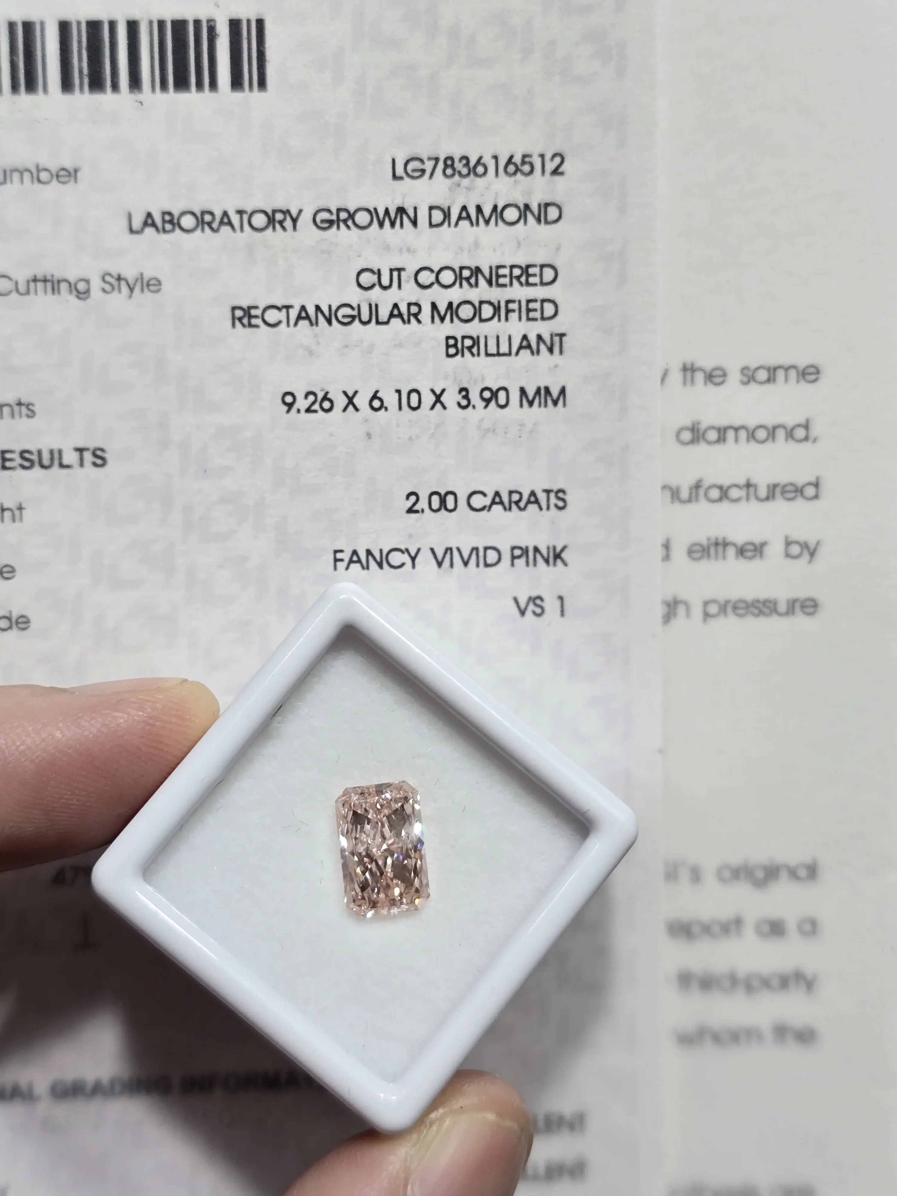 2.00ct Cut Cornered Rectangular Modified Brilliant Lab Grown Diamond (Colour Fancy Vivid Pink, Clarity VS1, IGI Certified)