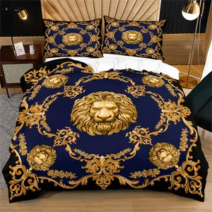 High-End Bedding Set with Golden Lion Print This set includes 1 bedspread and 1 or 2 pillowcases, made of polyester fiber. It is a four-season quilt, an essential item for comfortable home decoration
