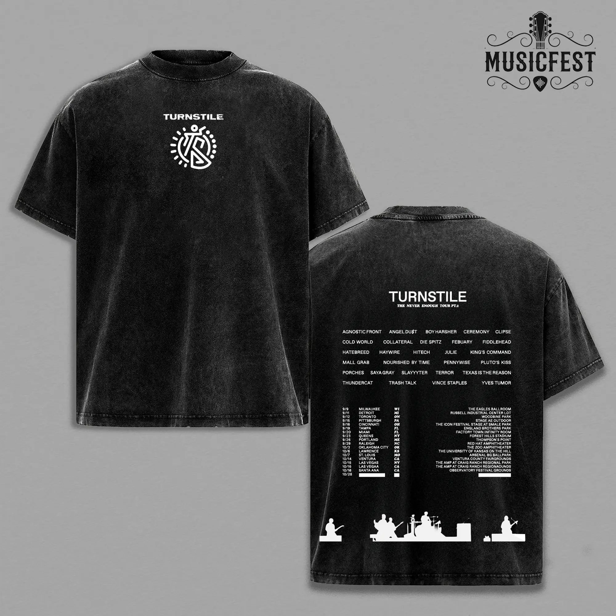 Turnstile The Never Enough Tour 2026 Vintage Wash Top, Hardcore Punk Band Concert Graphic Boxy Fit Garment, Faded Charcoal Streetwear Clothing, Acid Wash Retro Drop Shoulder Apparel