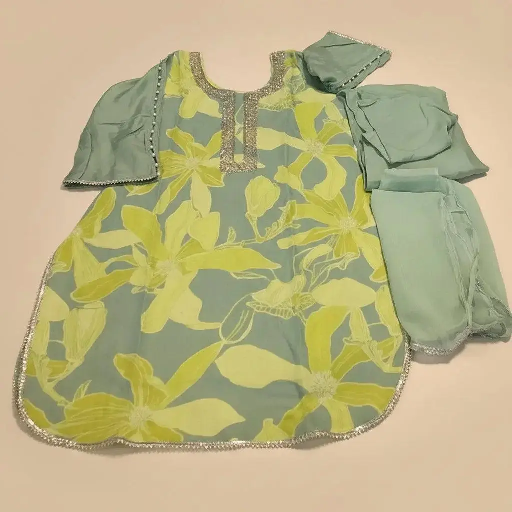 Sage Green & Lime Muslin Dhoti Salwar with Cutdana & Silver Lace Dupatta