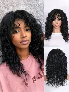 Long Black Curly Wig with Bangs, Kinky Curly Wigs, Premium Synthetic Wigs, Party Wig, Fashion Wig, Women's Natural Style, High Temperature Fiber, Synthetic Wigs, Rose Net Cap, Suitable for Daily Wear, Holiday, Cosplay, Parties, Music Festivals