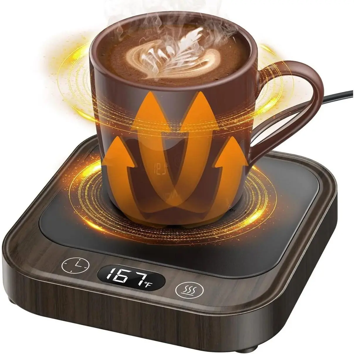 Compact Desk-Sized Corded 40W Smart Electric Candle Warmer - Wood Finish, Automatic Shut-Off, Overheat Protection, 4 Temp-Time Settings (113F,149F,167F), Birthday Holiday Coffee Gift for Home & Office Desk Beverages, 113°F, 167°F, 149°F