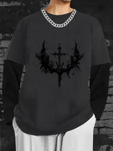 Bat Print Loose Fit Long Sleeve Round Neck T-Shirt, Fashion Street Style Casual Top, Comfortable Trendy Gift for Men & Women