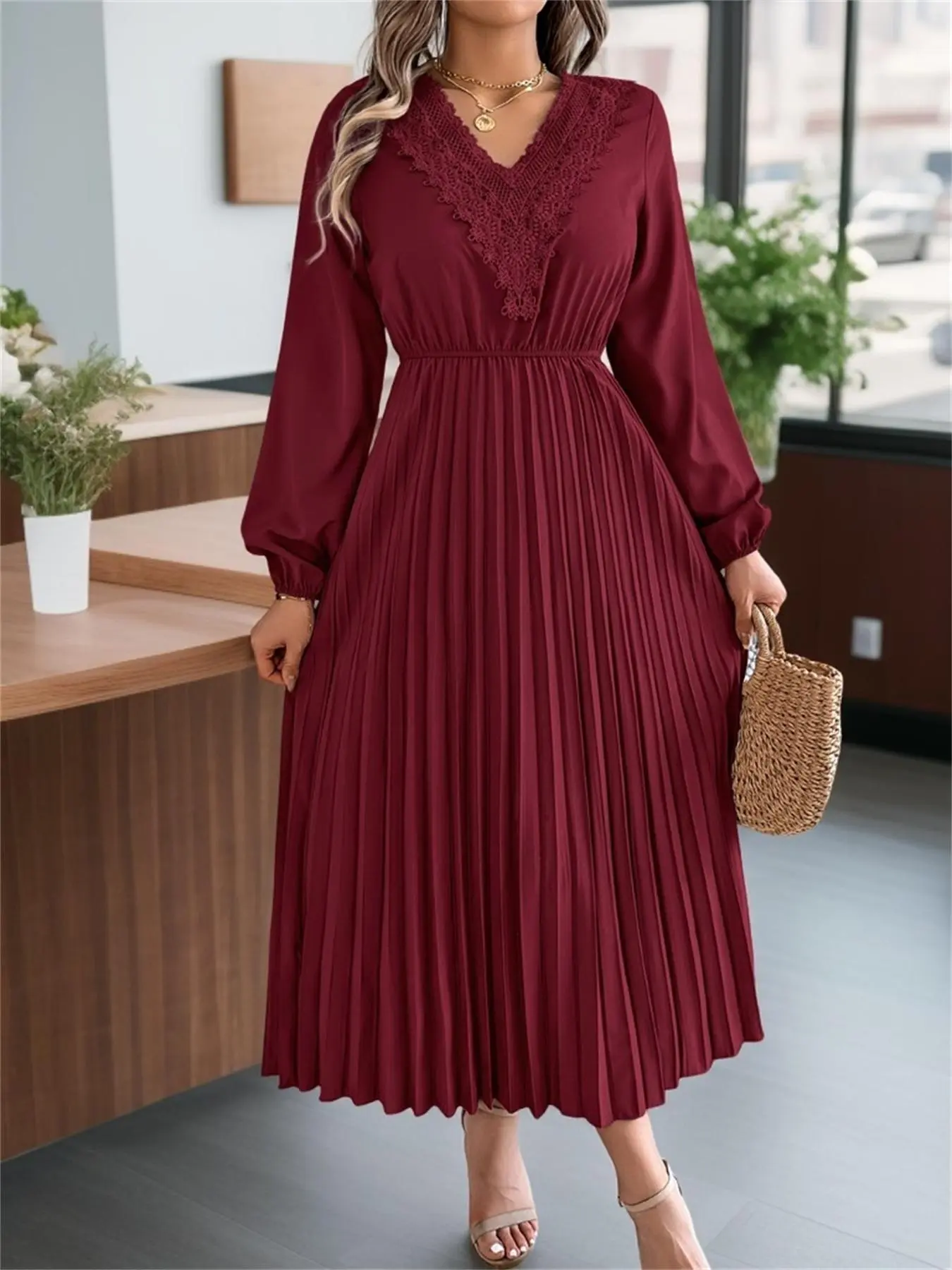 Women's Plain Lace Trim Pleated Dress, Elegant Classy Flattering Chic Bishop Sleeve V Neck A Line Dress for Party Holiday Wedding Guest, Ladies Fall & Winter Clothes, Formal Dresses Women, Womenswear