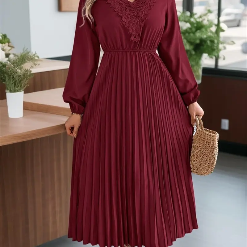 Women's Plain Lace Trim Pleated Dress, Elegant Classy Flattering Chic Bishop Sleeve V Neck A Line Dress for Party Holiday Wedding Guest, Ladies Fall & Winter Clothes, Formal Dresses Women, Womenswear
