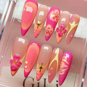 S76 Nailed by Vibe – Tropical Sunset Press-On Nails, 3D Flowers & Palm Accents, Bright Neon Pink & Yellow Swirls, Handmade Summer Vibes for Vacation, Beach Party Looks, Gifts for Her