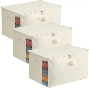 2/3-Pack Large Canvas Comforter Storage Bags – Clothes & Sweater Organizer with Dual Zipper & Three Carrying Handles – Blanket Storage Container for Closet, Under-Bed & Travel