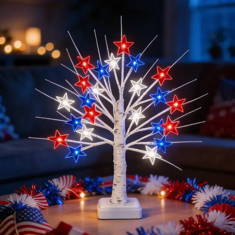 Patriotic Plastic 2-Piece Decorative Light Set - 24 LED Lights, 8 Flashing Modes, Red/White/Blue Star Ornaments, Independence Day Themed, Ideal for Outdoor Courtyards, Living Room Ambiance