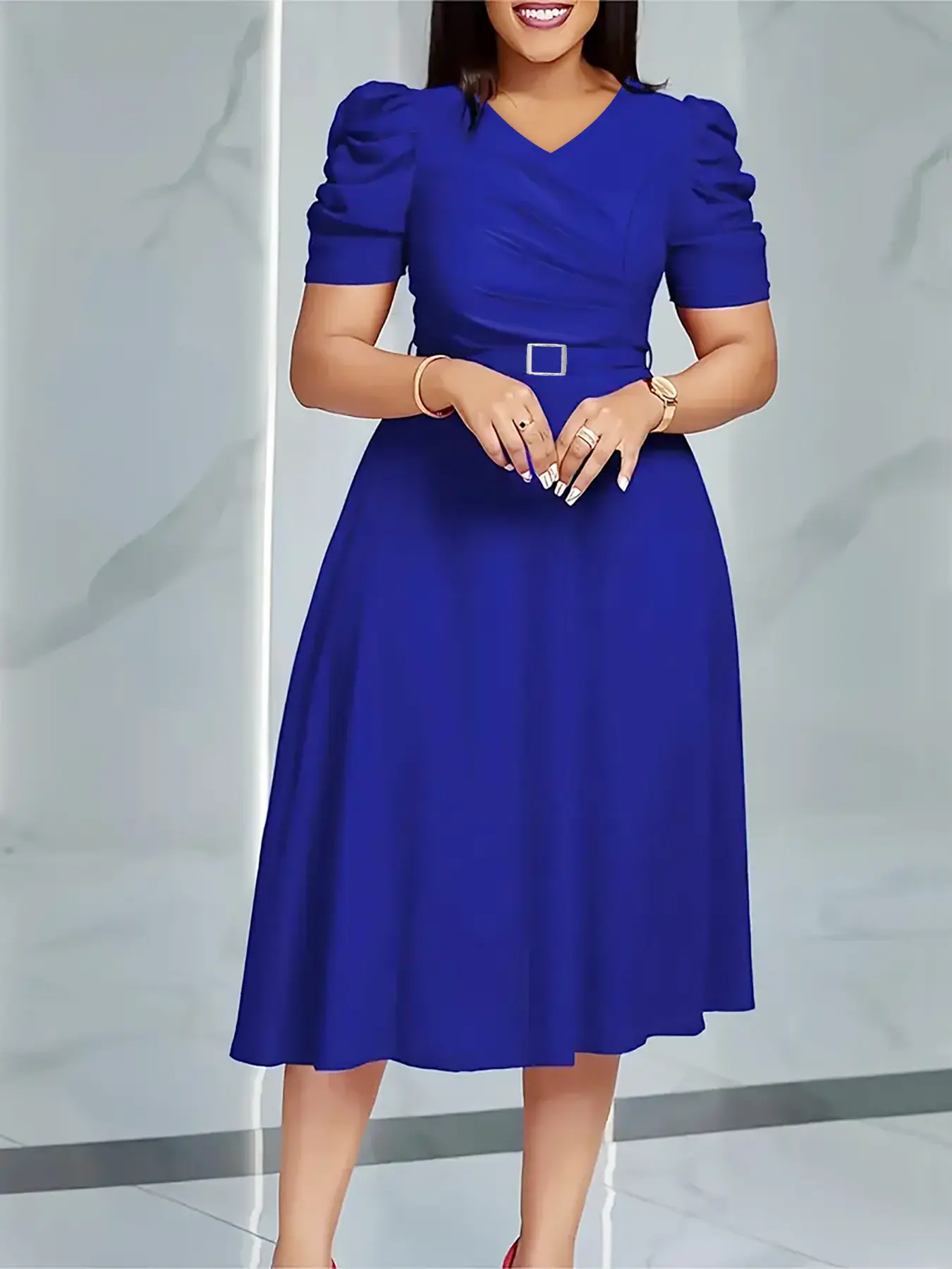 Women's Elegant V-Neck Dress - Solid Short Sleeve Belted Office Workwear for Business with a Front Zip, Ready To Wear, Women's Clothing, Elegance, Office Chic, Flattering Belt