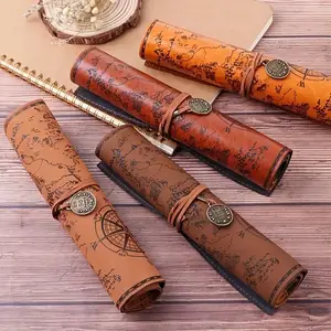 Retro Leather Pencil Case, Creative Treasure Map Design, Large Capacity Roll-Up Stationery Organizer, Portable & Durable Pen Holder