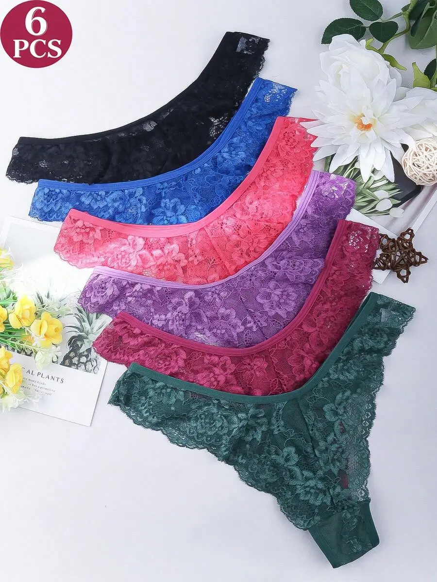 6PCS Regular Size Floral Lace Thong Panties For Women,Low Rise V Waist Sheer Hollow Breathable Ladies Underwear Multipack Summer,Sexy Lingries