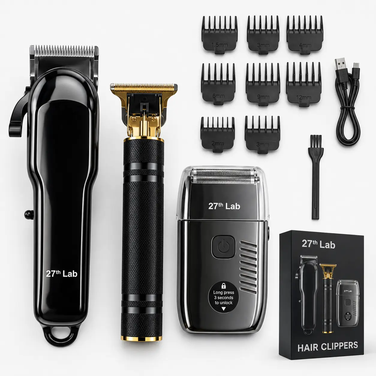 3-in-1 Men's Grooming Kit - Professional Hair Clipper, T-Blade Trimmer & Electric Foil Shaver - USB-Rechargeable Cordless Barber Set with LCD Display, Adjustable Blades for Hair, Beard & Face