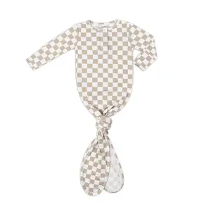 Ultra-Soft Bamboo Knotted Baby Gown – Fun Designs, Adjustable for 0-3 Months, Premium Comfort & Breathable Fabric – Perfect Newborn Gift for Boys & Girls (Oat Checkered)