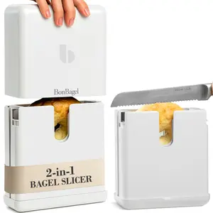 BonBagel Bagel Cutter Slicer – Precision Bagel Slicer with Auto-Center Holder – Compact 7-Inch Space-Saving Design for Even Cutting Large and Small Bread at Home or Café Kitchen-White – 2nd GENERATION