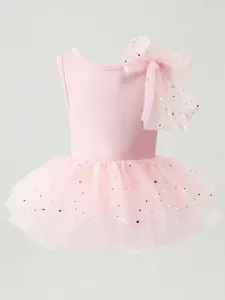 Girls' Sleeveless Soft Round Neck Ballet Jumpsuit, Puffy Sequin Skirt, Cute Bow Decor, Perfect for Ballet and Performance