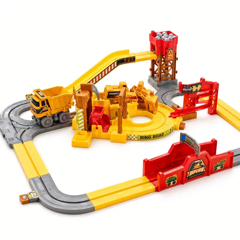 Construction Truck Track Set for Kids, Electric Dump Truck Playset with Conveyor Tower, Loading and Unloading Stations, Interchangeable Vehicle Bodies, Construction Site Pretend Play