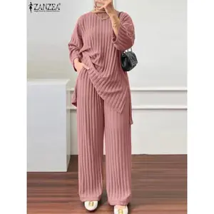 Long Sleeve Blouse Wide Leg Pants Sets  Women Matching Sets Solid Islamic Clothing Muslim Tracksuit Outifits 2PCS