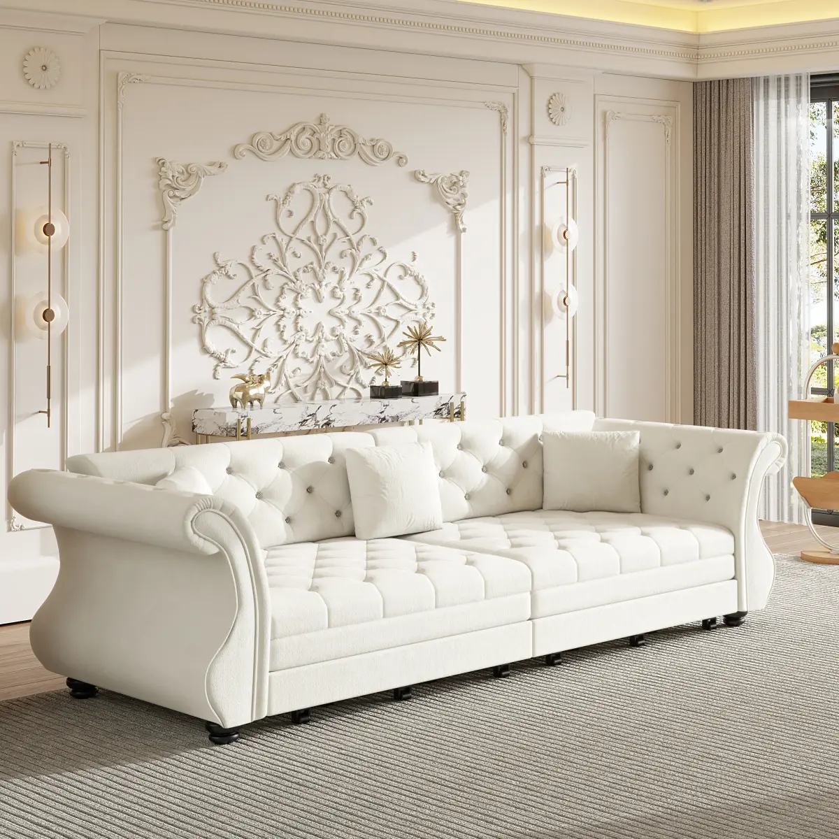 97.6" Oversized  Chesterfield Pull Out Sofa Bed, Classic Roll Arm Velvet Couch with Flower Tufting, Upholstery for Living Room/Bedroom/Apartment, Beige/White    RR