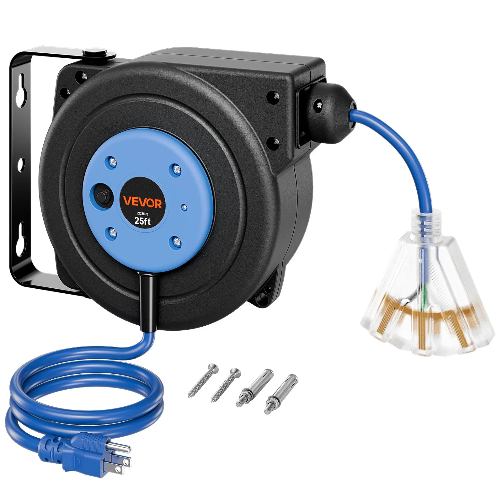 VEVOR Retractable Extension Cord Reel 25FT Heavy Duty 14AWG/3C SJTOW Blue, for Ceiling/Wall Mount, 13A Circuit Breaker, Automatic Retractable Power Cord, Lighted Triple Tap, with 180° Swivel Bracket