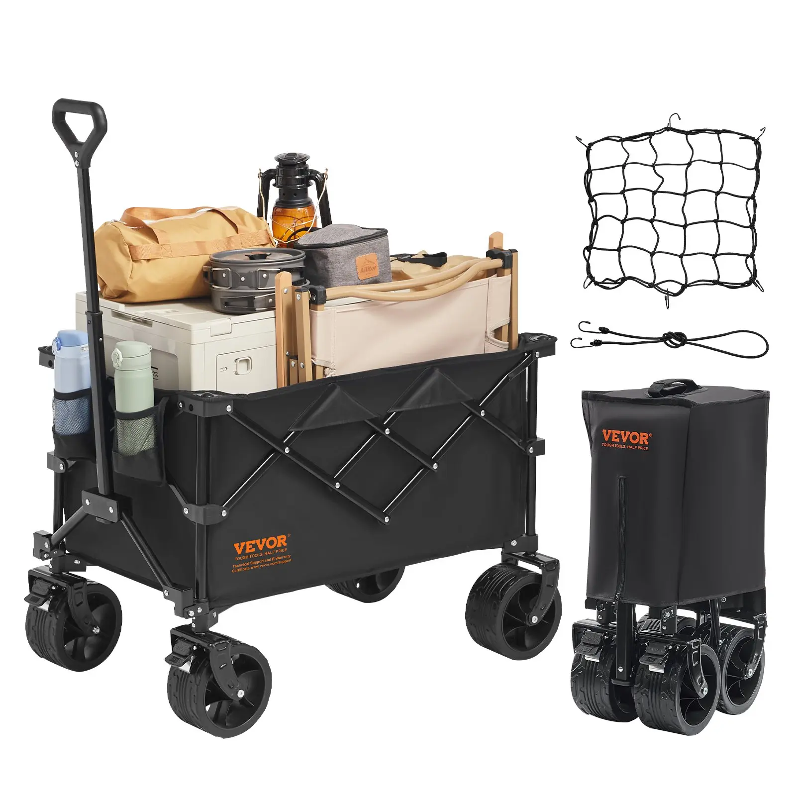 【Summerfinds】VEVOR Collapsible Folding Wagon Max 330 lbs 220 L Beach Wagon Cart with All-Terrain WheelsHeavy Duty Folding Wagon Cart with Drink HoldersSports Wagon for CampingShoppingGarden