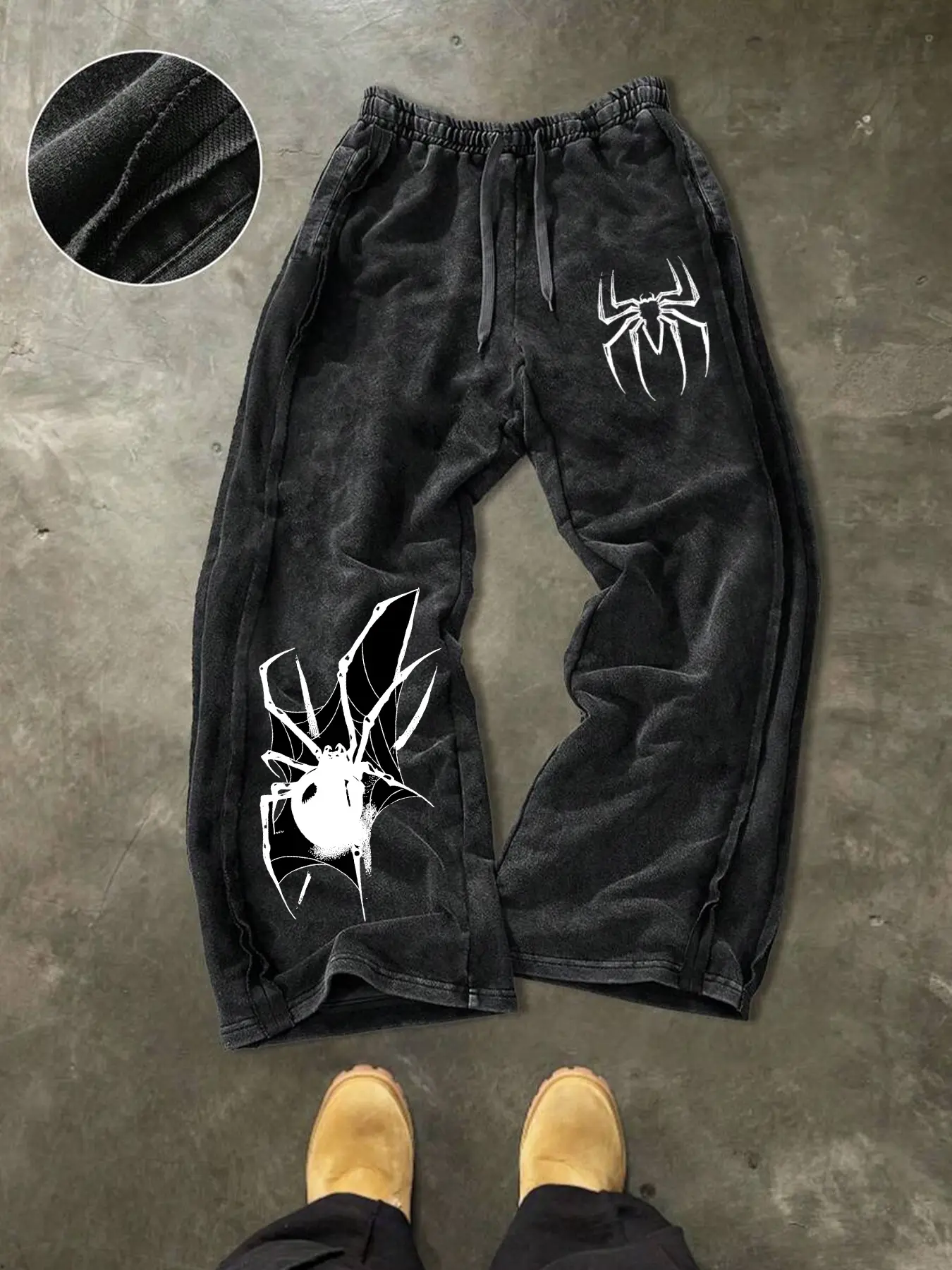 Men's Washed Cotton Casual Sporty Loose Straight Leg Pants, Spider Print, Comfortable Breathable, Trendy Fashion, Daily Wear, Street Hip Hop, Casual Streetwear Pants