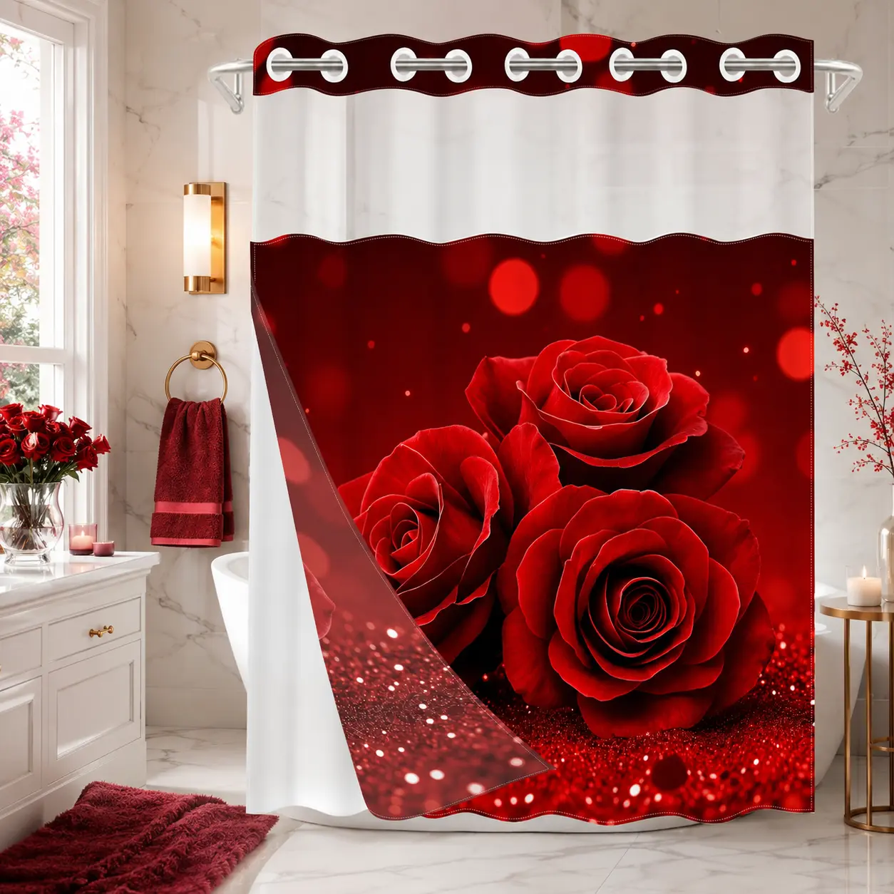 72x75in Red Rose Shower Curtain with Snap-In Removable White Liner, 1-Piece Double Layer Waterproof Fabric Shower Curtains, Sheer Mesh Top, No Hook Romantic Floral Bathroom Decor for Home, Hotel