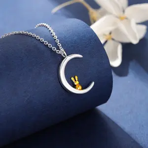 New Cute Animal Beautiful Fashion Jewelry 925 Sterling Silver Personality Rabbit Moon Clavicle Chain Pendant Necklaces  XL137
