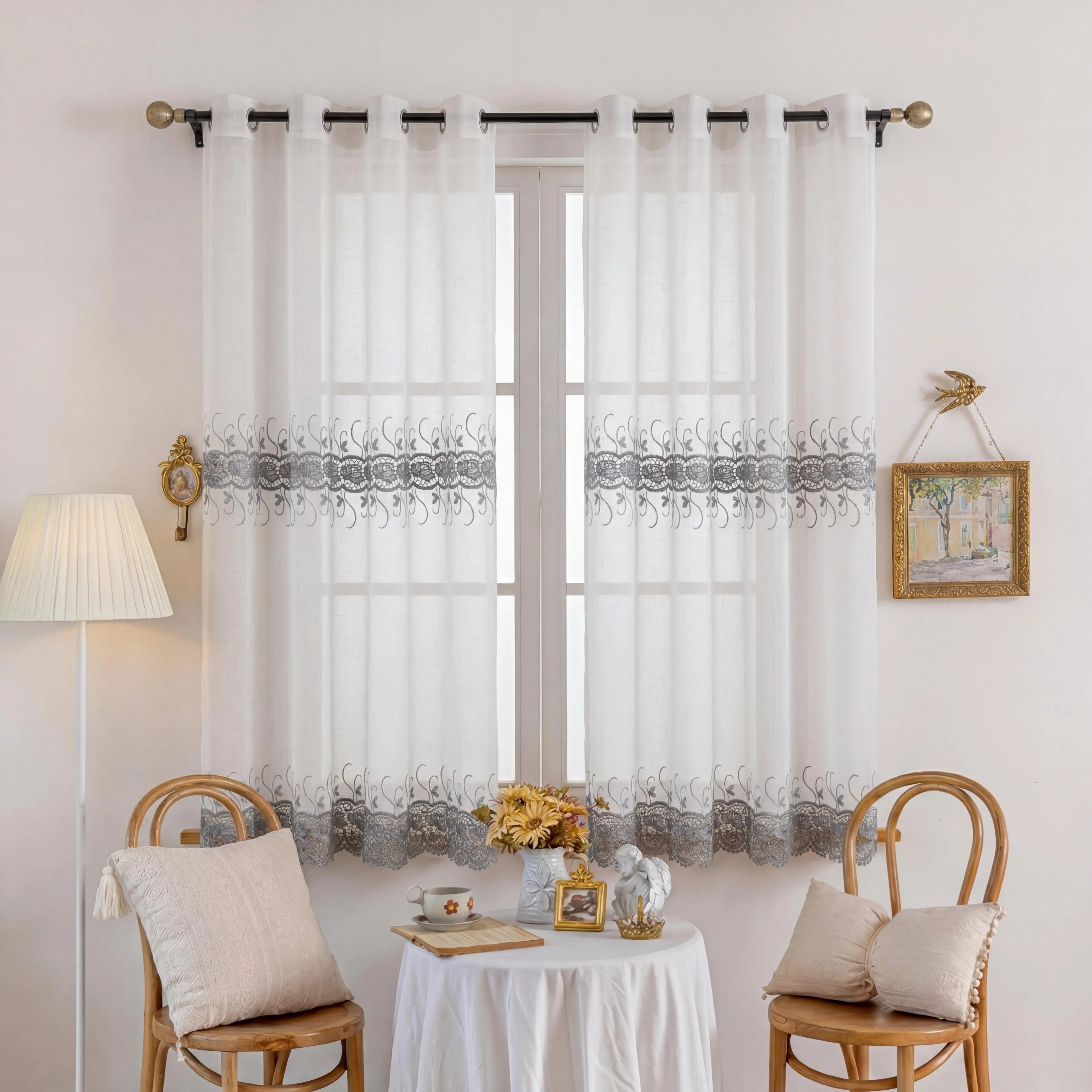 2-Panel 52"X60" Small Macrame Embroidery Grommet Home Decoration Curtains, Classic European Floral Pattern Window Curtains for Kitchen, Household Textile Interior Accessory SR122 Summer Gift #SummerVibes, Home Decoration Curtain