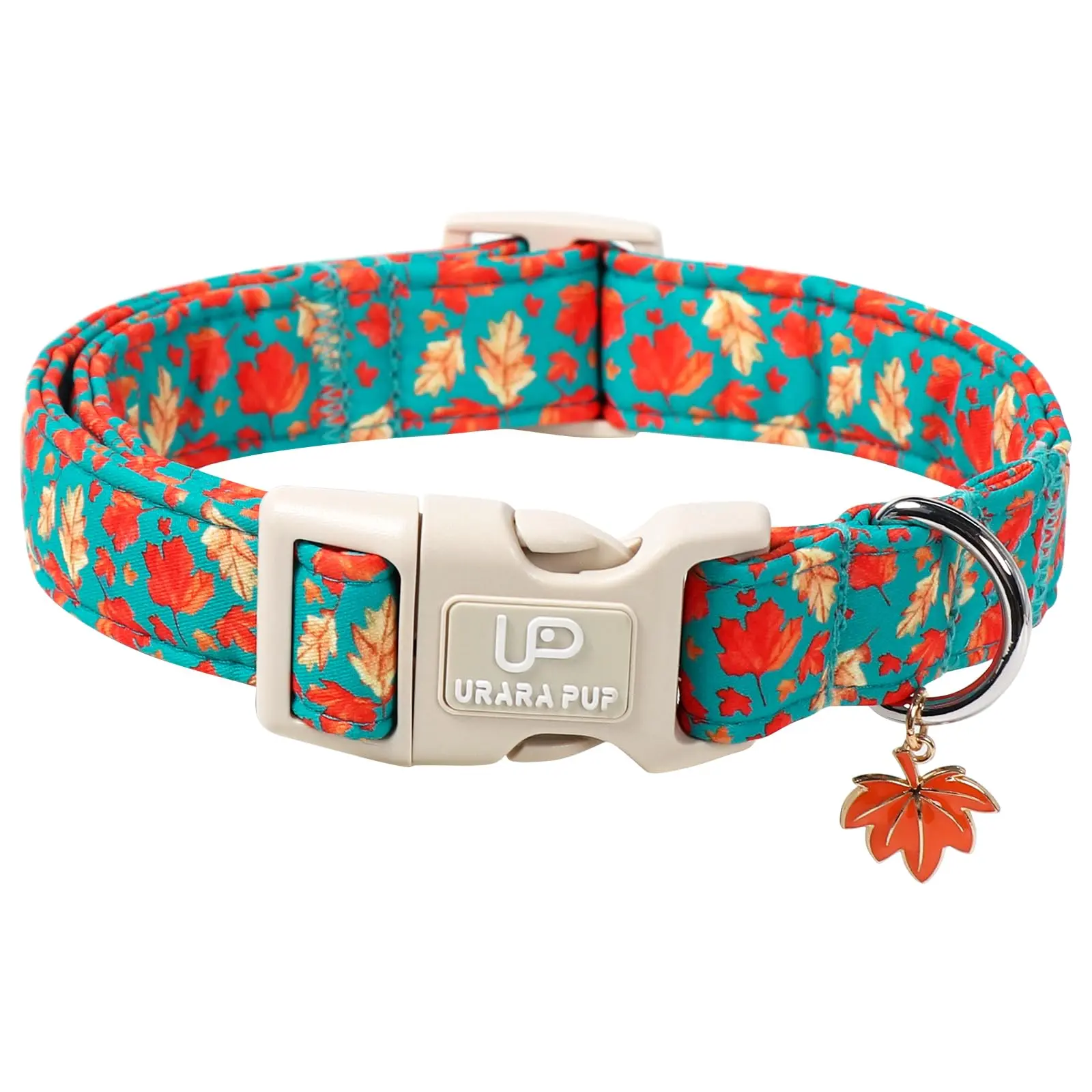 Fall Leaf Print Dog Collar for Small, Medium & Large Dogs – Adjustable Seasonal Pet Necklace with Maple Charm, Quick-Release Buckle, Soft & Durable for Puppies