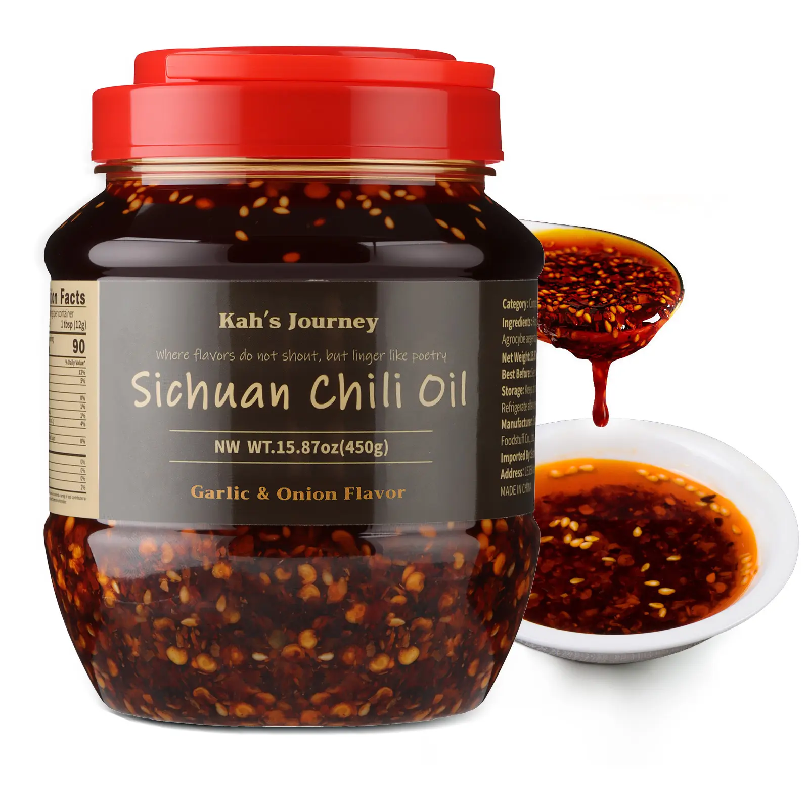 KAH'S JOURNEY Sichuan Chili Oil Garlic & Onion Flavor 15.87 oz Spicy Chili Crisp with Crunchy Garlic & Onion for Cooking Dip Sauce Spicy
