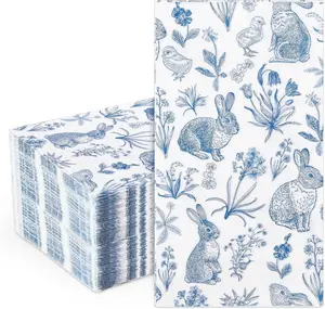 50 Pcs Easter Paper Napkins Disposable Hand Towels for Bathroom, Blue White Rabbit Wildflower Easter Guest Napkins for Spring Powder Room Wedding Birthday Party Supplies (Easter)