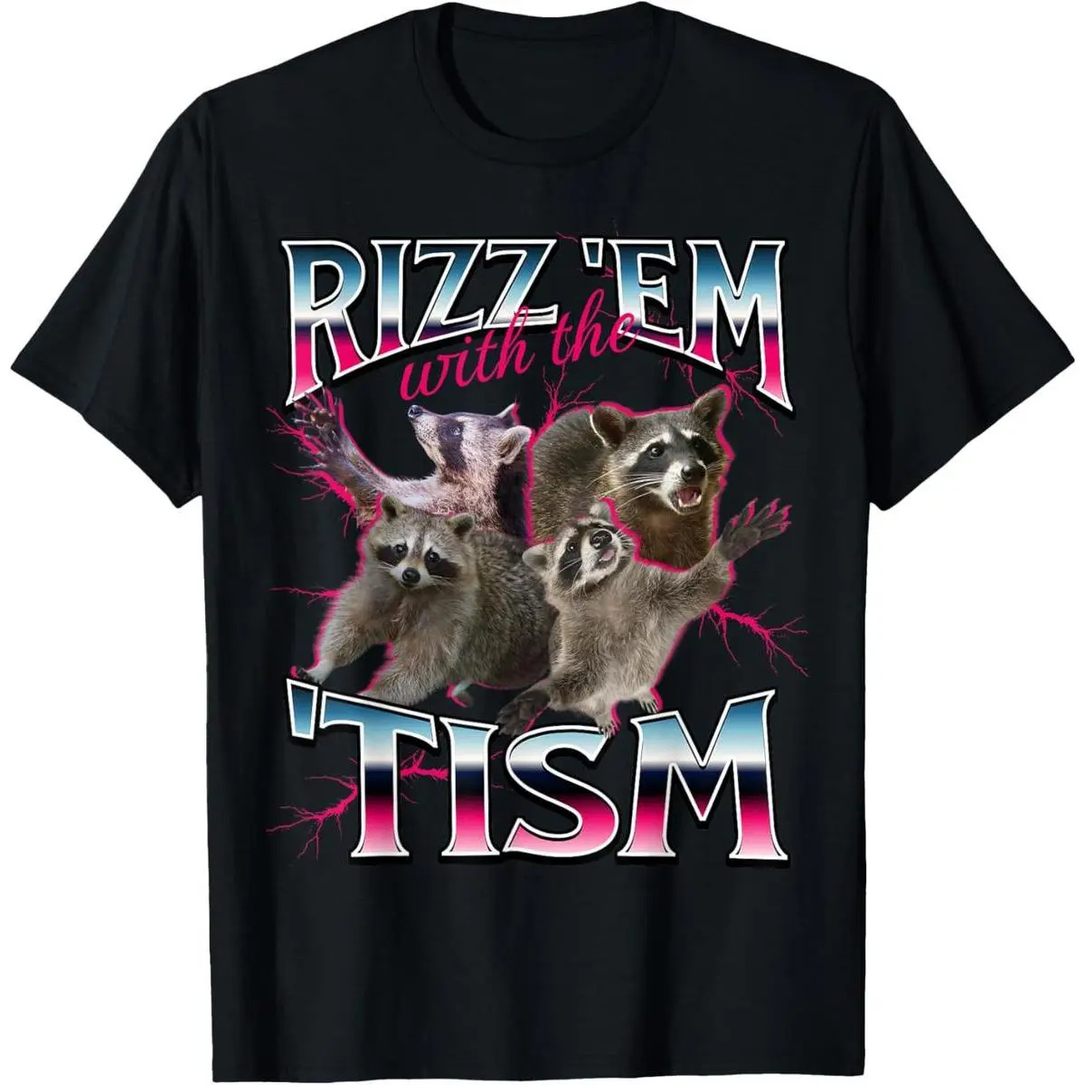 Men's Cotton Fitted Short-Sleeve Crew Neck T-Shirt - Funny Autism Rizz Raccoon Meme Graphic, Breathable Lightweight Casual Streetwear for Meme Lovers, Neurodivergent Pride, Holiday Wear