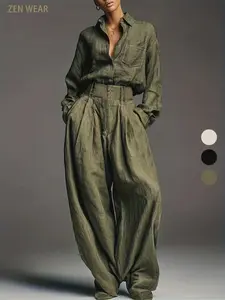 Spring & Fall Women's Fashion Two-Piece Set, Solid Color Shirt and Long Pants, Casual Style, Perfect for Daily Wear